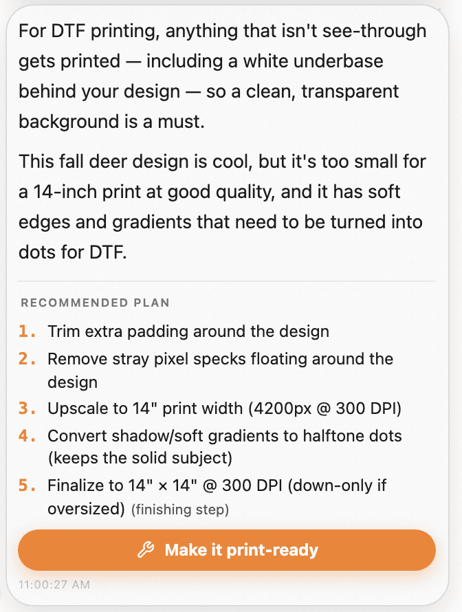 A real answer from the chat — why DTF needs a transparent background, with a five-step plan