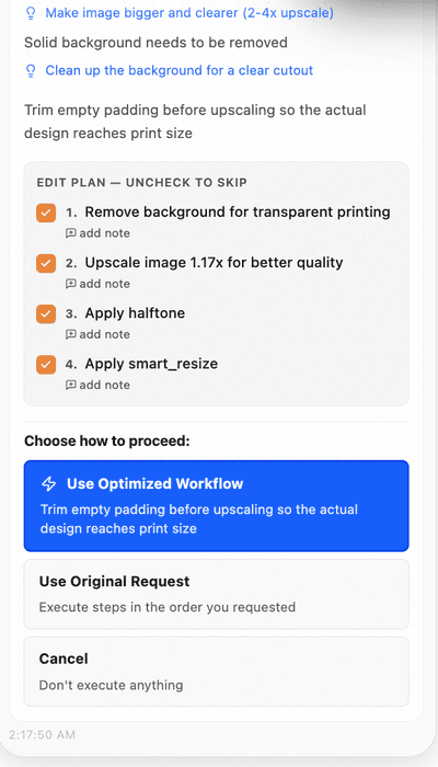 Real fix plan — remove background, Make Sharper, halftone, smart resize — with the optimized workflow selected